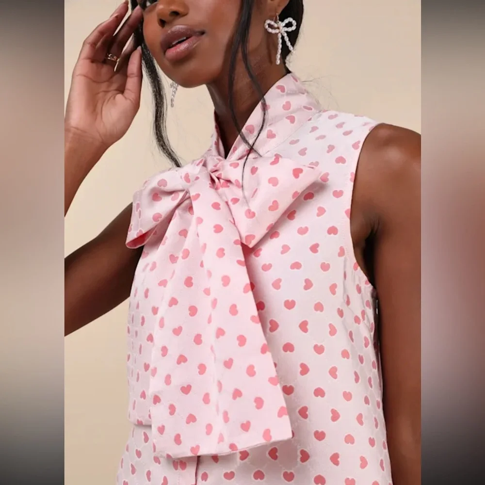 Sister Jane Canter Pink Heart Jacquard Tie Neck Button Front Bow Mini Dress - Picture 2 of 5